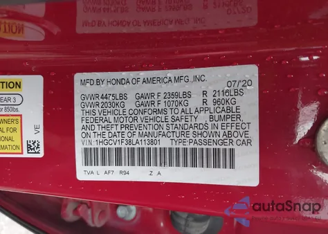 2020 Honda Accord Sport from USA, damaged, VIN 1HGCV1F38LA113801